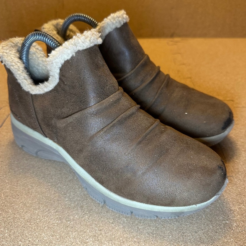 Skechers On-the-GO Joy Ankle Boots Women 7.5 Brown Faux Fur Ruched SN 16804